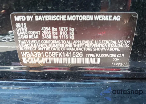 2015 BMW 320I z USA, uszkodzony, nr VIN WBA3B1C58FK141526
